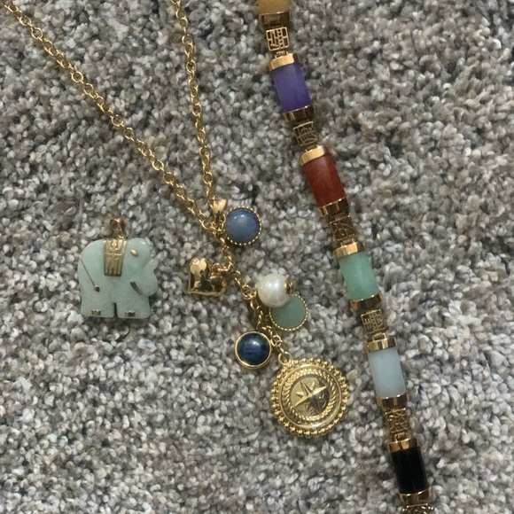 Talbots 2 layer gold chain 7 charms multi color bracelet and jade/gold pendant. - Picture 4 of 8